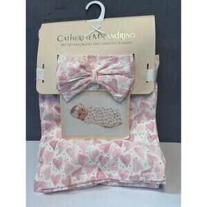 Catherine Malandrino 2 pc Headband and Swaddle  Blanket Set Pink Hearts NWT